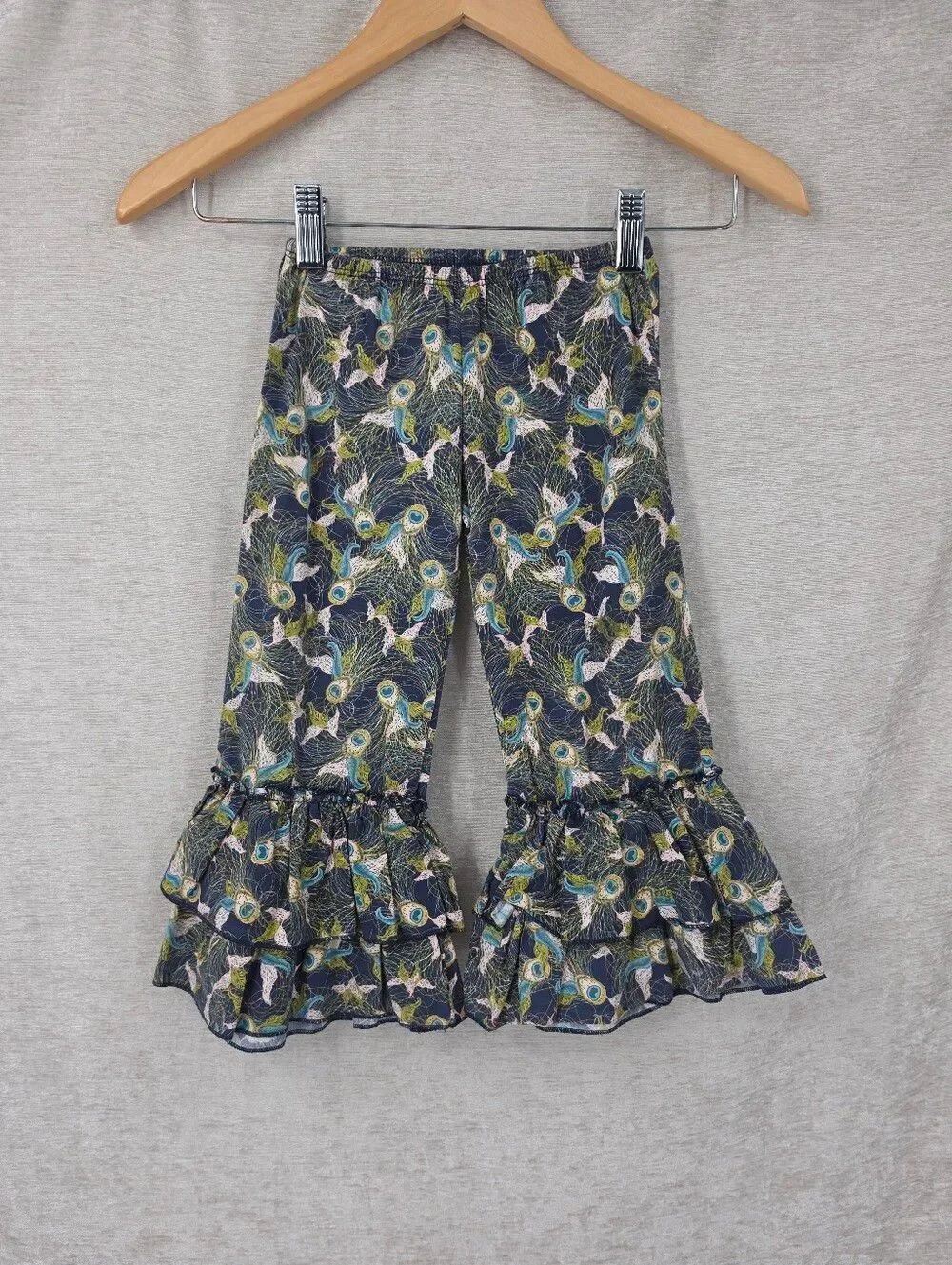 Giggle Moon Navy with Green Pink Peacock Feather Print Ruffle Ankle Pants